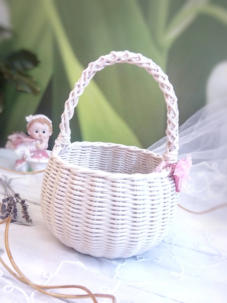 White wicker flower Girl basket Wedding basket white Small Etsy