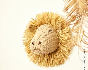 Animal wicker lion, Wall mounted lion in the playroom Decoration home Raffia decor  Safari decor Home interior Design ideas Safari rattan