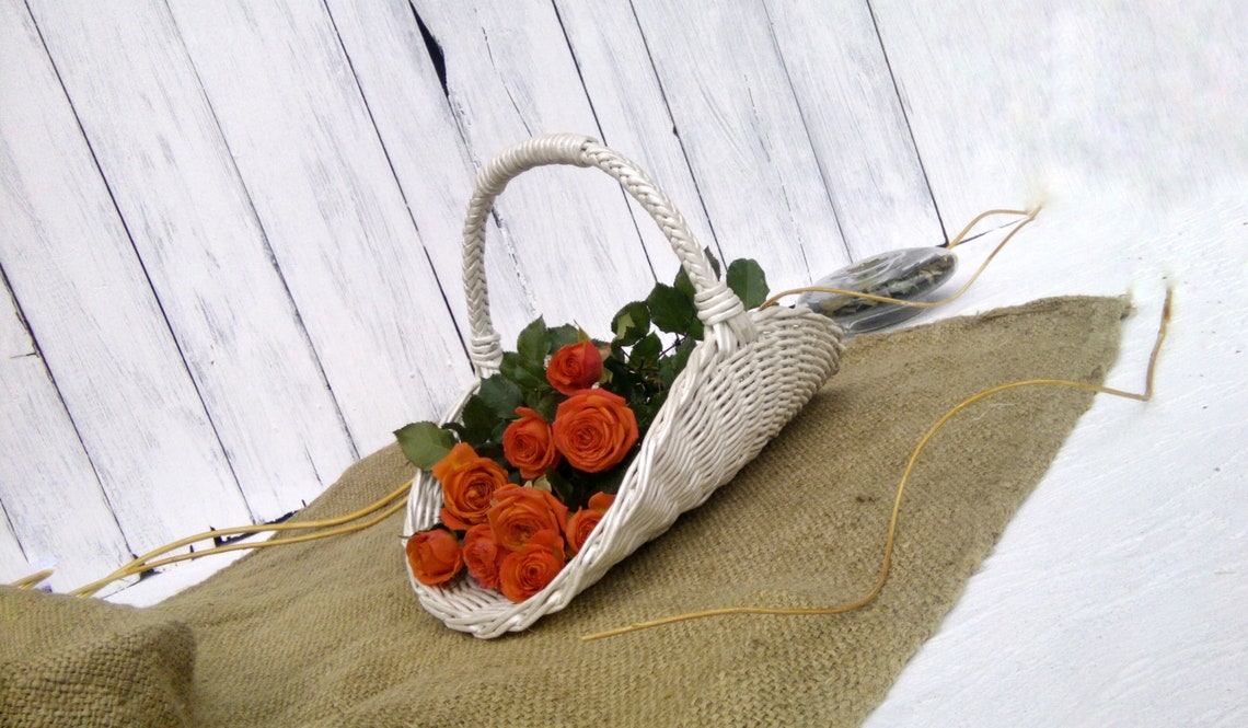 White Wedding Basket With a Handle Elegant Flower Girl Etsy