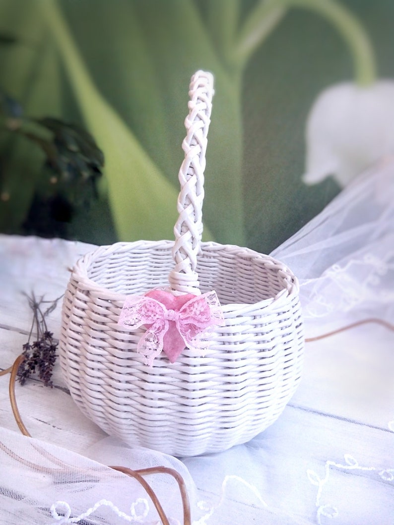 White wicker flower Girl basket Wedding basket white Small Etsy