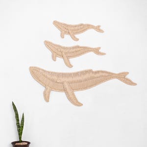 Wicker whale wall decor, Set of 3 wicker whales, Boho coastal wall art, Ocean nursery decor, Rattan whale decoration, Handmade whale gift