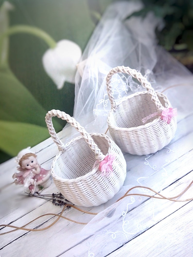 White wicker flower Girl basket Wedding basket white Small Etsy