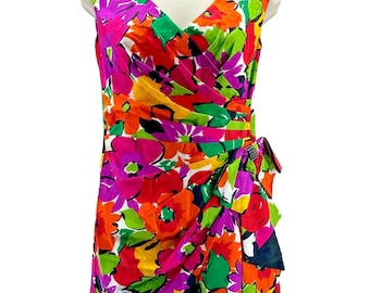Vintage 80s Silk Floral Mini Dress: Sleeveless V-Neck Bow