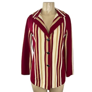 1970s Striped Jacket Top Vintage Size 11/12 Knit Coin Button Multi Color Burgundy Brown Beige Big Lapel Retro Bowling Acrylic Fire Islander