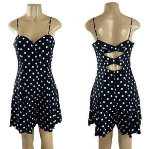 1990s Vintage Romper Size 9 Black Polka Dot Mini Sweetheart Button Criss Cross Back Rockabilly Wide Leg Retro City Triangles Made In USA