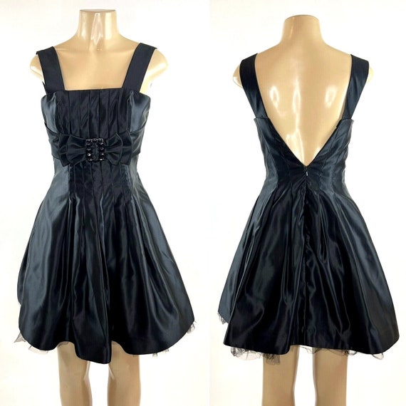 Y2K Black Satin Mini Dress: Vintage Jessica McClintock Bow A-Line
