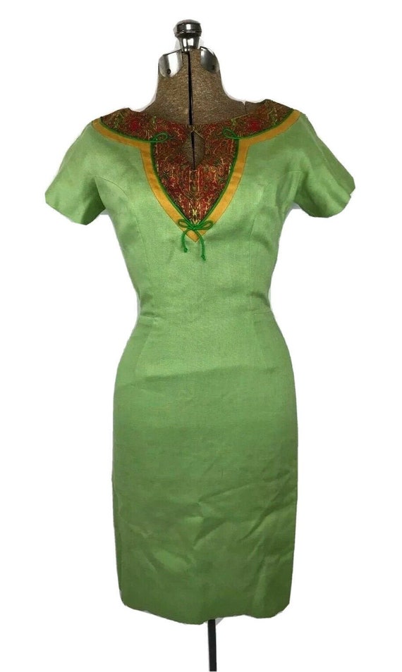 Vintage Oleg Cassini Wiggle Dress Green Paisley Ke