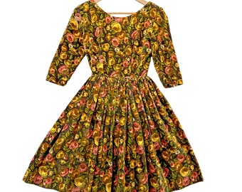 Vintage 1950s Dress Floral Rose Bud Brown Yellow Pink Boat Neck Fit & Flare Back Zip Rockabilly Retro