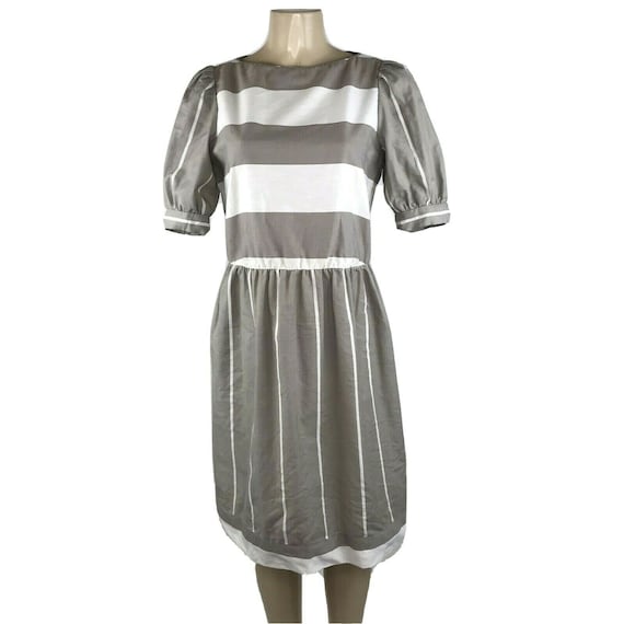 1980s Dress Big Puff Sleeves Button Boat Neck Beig