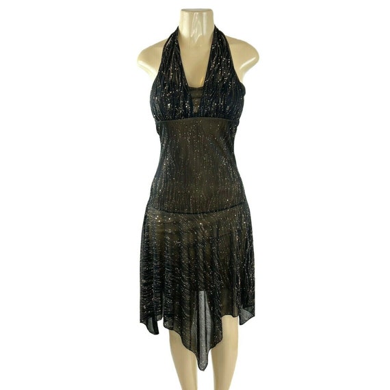 Y2K Vintage Dress Size M Gold Sparkle Overlay Hal… - image 1