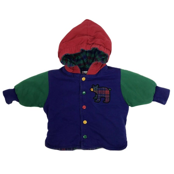 1990s Vintage Jacket Size Newborn NB Color Block Plaid Bear Hooded Snap Button Colorful Pimary Colors Snap Button Gymboree