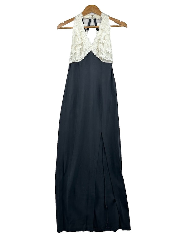 Vintage 90s Zum Zum Maxi Dress: Black & White Lace Halter, Size 3/4