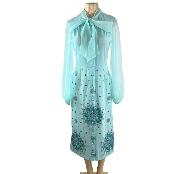 Vintage 1970s Alfred Shaheen Dress Teal Blue Ball… - image 1