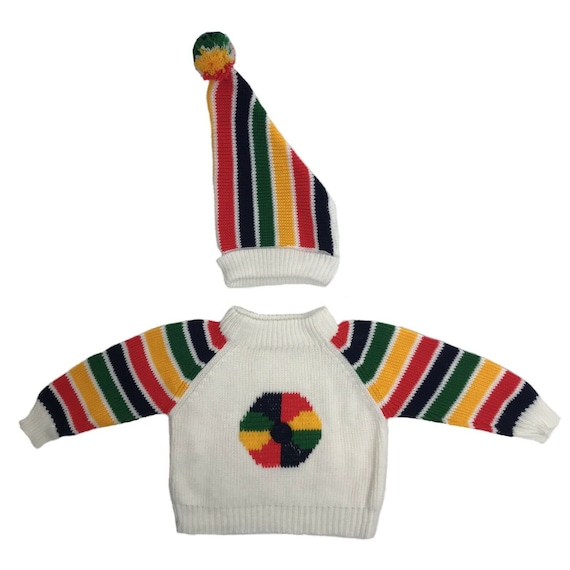 Vintage Baby Sweater Hat Set Knit Stripe Multi Co… - image 1