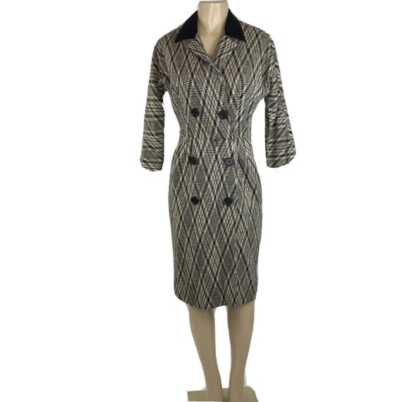 1950s Dress Wiggle Black White Diamond Knit Butto… - image 1