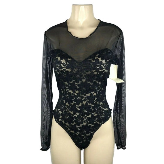 1990s Vintage Lingerie Black Lace Sheer Body Suit… - image 1