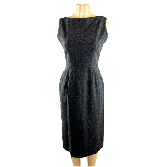 Vintage 1950s Dress Grey Wiggle Boat Neck Pocket … - image 1