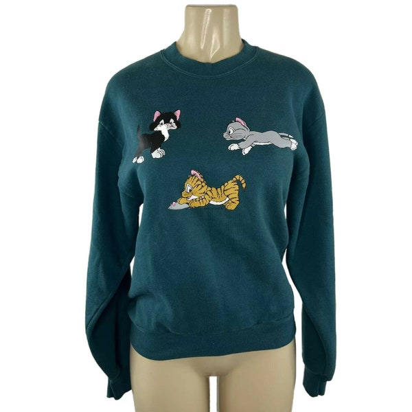 1990s Cat Crewneck Sweater Vintage Pullover Green Cartoon Kittens Graphic Print Cat Lady  Costume Retro Long Sleeve