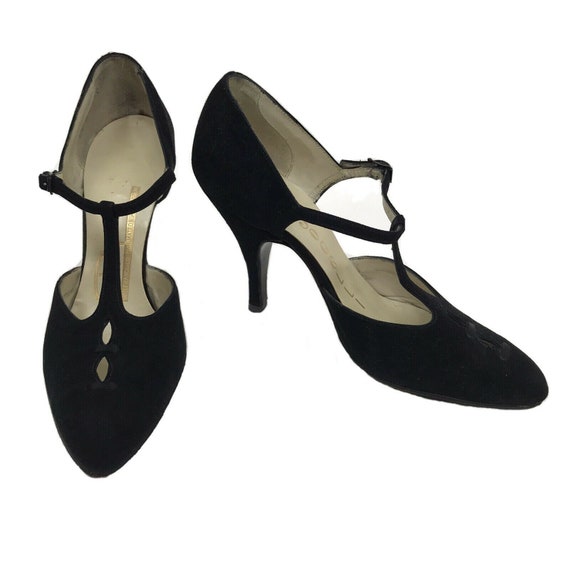 black suede t strap pumps