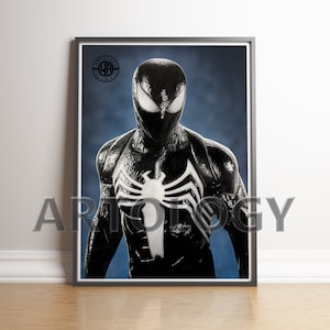 May include: A black and white illustration of Spider-Man wearing a black suit with a white spider symbol on the chest. The background is a blue and grey gradient.