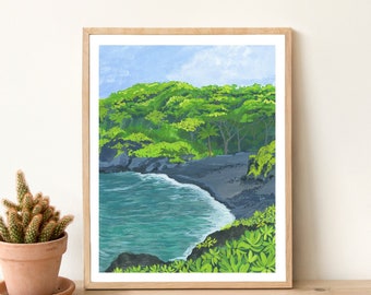 May include: A painting of a black sand beach with turquoise water and lush green trees. The beach is surrounded by a rocky coastline and the water is calm and clear.