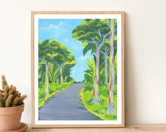 May include: A painting of a road leading through a forest of colorful trees. The trees have a rainbow of colors on their bark, including red, orange, yellow, green, blue, and purple. The road is gray and the sky is blue with white clouds.