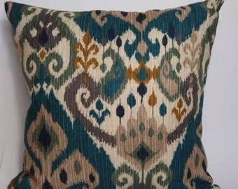 Teal Yellow Ikat Style Throw Pillow Cover - Invisible Zipper - Fits 18"x18" Insert - Millcreek Witherfield-Sussex Twilight - Decorative Toss