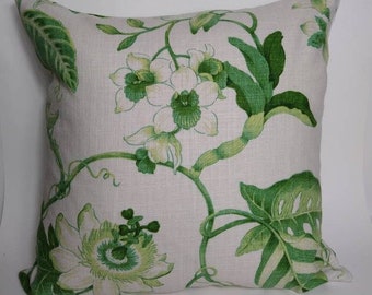Kaufmann Blanca Floral Linen Lime Throw Pillow Cover - Invisible Zipper - Decorative - Green, White, Fits 18x18 Insert