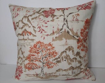 Covington Hikaru Toile Autumn Throw Pillow Cover - Invisible Zipper - Decorative - Orange, Reddish Pink, Fits 18x18 Insert