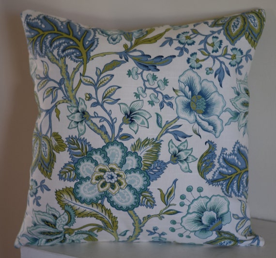 Blue Green Floral Throw Pillow Cover With Invisible Zipper Etsy