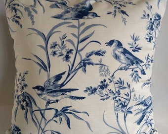 French General Aviary Toile Bird Blue Indigo Ivory Throw Pillow Cover with Invisible Zipper - Decorative Toss - Fits 18"x18", 20"x20" Insert