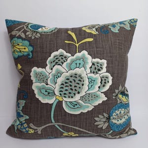 Gray Aquamarine Blue Floral Throw Pillow Cover - Invisible Zipper - Fits 18&quot;x18&quot; insert - Richloom Studio Bach - Same Fabric Both Sides