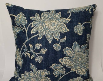 Waverly Indigo Blue & White Floral Throw Pillow Cover - Invisible Zipper - Fits 18x18 Insert - Everard Damask - Same Fabric Both Sides