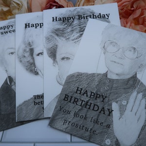 Set of 4  Black and White pencil drawing card, The Golden Girls Happy Birthday Cards set, Golden Girls cards, The Golden Girls party theme