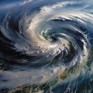 Puede incluir: Un vórtice de nubes giratorias sobre un océano azul oscuro. Las nubes son blancas y grises, y el océano es de un azul profundo. Las nubes giran en el sentido de las agujas del reloj, y el océano está tranquilo.