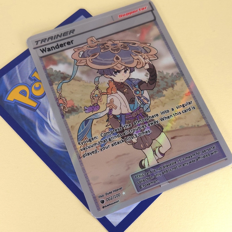 May include: A Pokemon trading card featuring a character with blue hair and a purple and gold umbrella. The card is a supporter card called Wanderer. The text on the card reads "Kyougen: Compress the atmosphere into a singular vacuum that grinds all troubles away. When this card is played, your attack hits 3 times."
