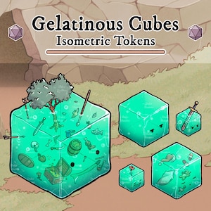 May include: A set of isometric tokens depicting teal gelatinous cubes. Some cubes contain items like a tree, arrows, and a sword. The text "Gelatinous Cubes Isometric Tokens" is displayed above the cubes.