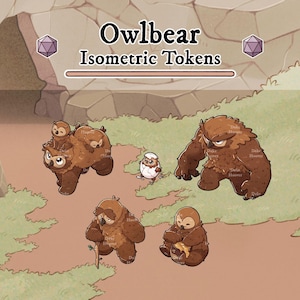 Könnte beinhalten: Illustration von fünf braunen und beigefarbenen Owlbear Isometric Tokens. Die Tokens umfassen einen Owlbear mit Eulenjungen auf dem Rücken, einen Owlbear, der aus einem Ei schlüpft, und drei weitere Owlbeas in verschiedenen Posen. Der Text "Owlbear Isometric Tokens" steht oben.