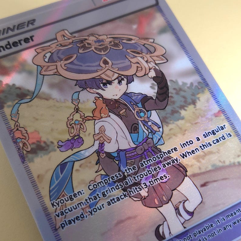 May include: A colorful anime-style illustration of a character with blue hair and a large, ornate hat. The character is holding a blue and white umbrella. The text "Kyougen: Compress the atmosphere into a singular vacuum that grinds all troubles away. When this card is played, your attack hits 3 times." is printed below the character.