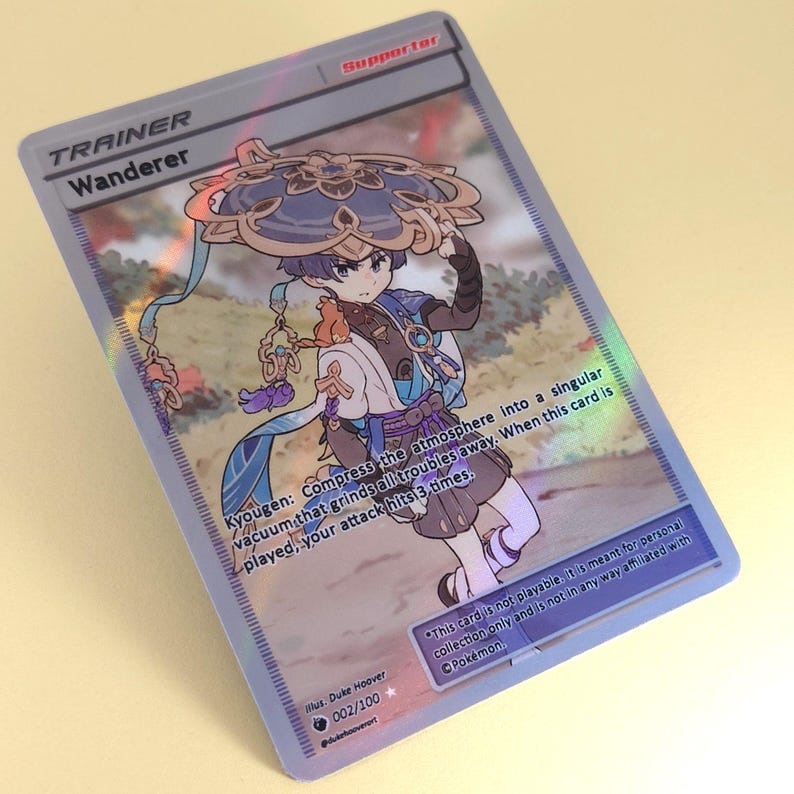 May include: A holographic Pokemon trading card featuring a character with blue hair and a blue and gold umbrella. The card is a Trainer card called Wanderer and has the text "Kyougen: Compress the atmosphere into a singular vacuum that grinds all troubles away. When this card is played, your attack hits 3 times."