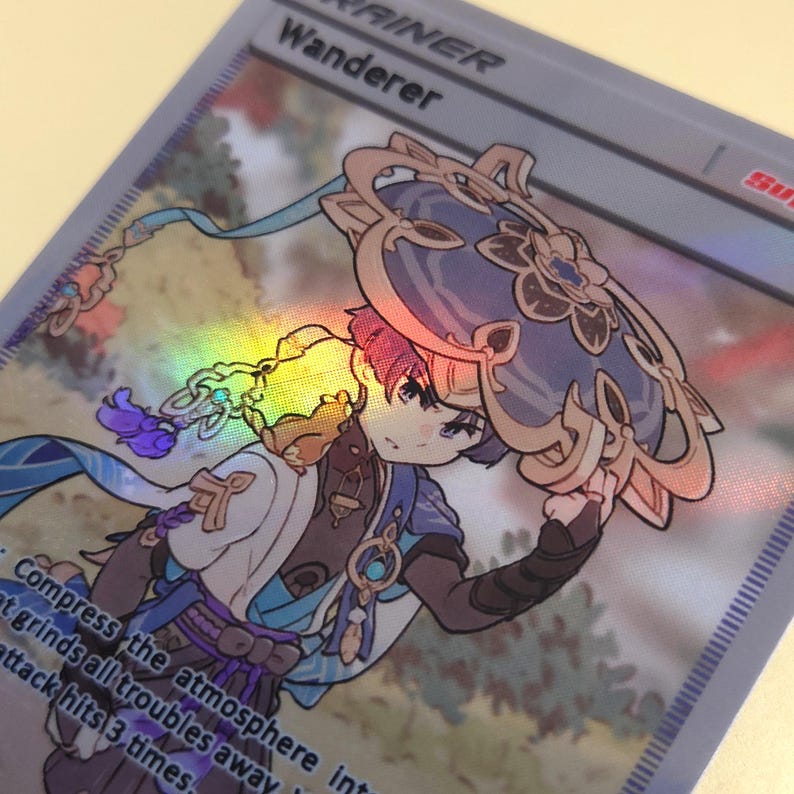 May include: A holographic card featuring an anime-style character with purple hair, wearing a blue and gold hat with a floral design. The card has the text "Wanderer" and "Compress the atmosphere into grinds all troubles away attack hits 3 times" printed on it.
