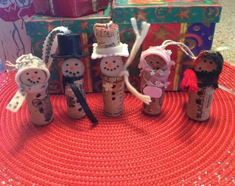 5 Snow People Snow Men Wine Cork Ornaments