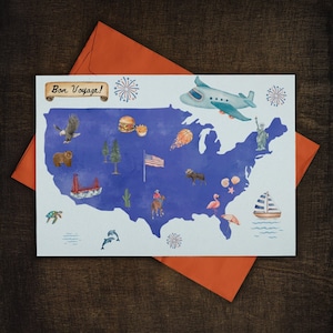 Afdrukbare kaart Amerika, kaart verhuizen naar VS, kaart nieuwe avonturen, kaart emigratie, Bon Voyage-kaart, kaart Californië New York digitale download