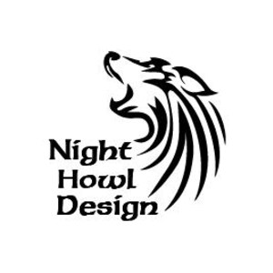 May include: Black and white stylized illustration of a wolf howling at the moon. The text "Night Howl Design" is below the wolf.