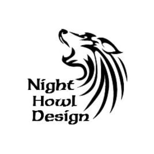 May include: Black and white stylized illustration of a wolf howling at the moon. The text "Night Howl Design" is below the wolf.