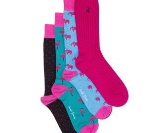 May include: A set of four colorful socks with different patterns. One pair is pink with a ribbed texture, another pair is blue with pink elephants, another pair is teal with pink flamingos, and the last pair is black with white polka dots. Each pair has a pink cuff and the brand name "South Park" is printed on the teal and blue socks.
