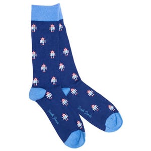 May include: A pair of blue socks with a pattern of small, white robots. The socks have a light blue cuff and the words "Sweet Threads" are printed on the side.