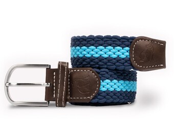 May include: A blue and light blue striped elastic belt with a brown leather buckle and a small logo on the buckle.