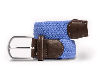 May include: A light blue braided belt with a brown leather buckle and a silver metal buckle. The belt has a woven design and is made of a soft, stretchy material.