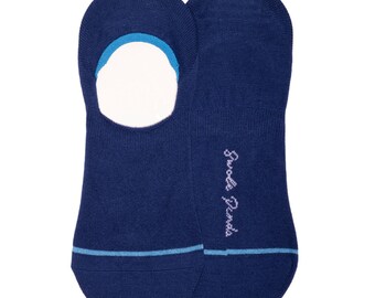 May include: A pair of navy blue no-show socks with a light blue stripe and a light blue trim around the opening. The socks have the text "Sock Panda" embroidered on the side in a light purple color.